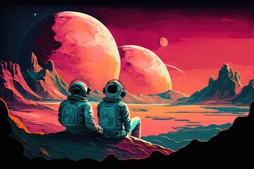 Wall Mural - two astronauts observing planets from a rocky terrain. generative ai