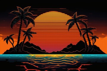 Wall Mural - tropical sunset with palm trees and water. Generative AI