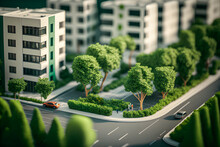 Miniature Model Of Urban Development. Multi-story Buildings, Street Corner, Trees, Cars. AI Generated Illustration.