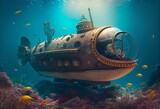 Fototapeta Sypialnia - Steampunk submarine exploring the sea bed. Generative AI