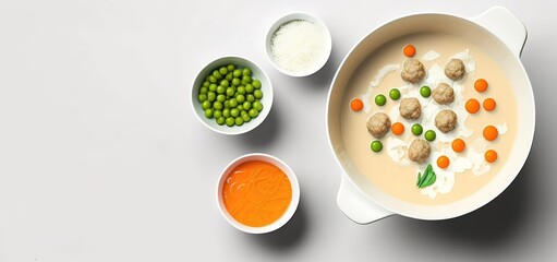 Wall Mural - Soup with meatballs: Step 1 of a Step-by-Step Recipe Squarish white backdrop with cauliflower, tiny peas, carrots, and a dollop of cream. Generative AI