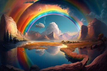 Wall Mural - landscape with rainbow created using ai generative technology