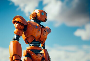 A motivated orange robot with hope for the future and a pure blue sky. An inspiring image to reflect motivation and progress. Generative AI