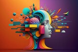 Colorful 3D collage illustration representing a person with a creative mind interfacing with AI machine tools