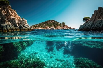 Wall Mural - serene lake scene with a distant island. generative ai