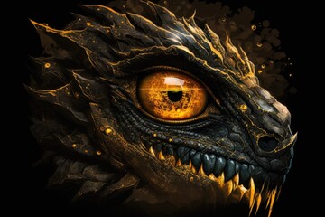 Poster - Dragon's Eye on a Dark Background in Close-up. Generative AI