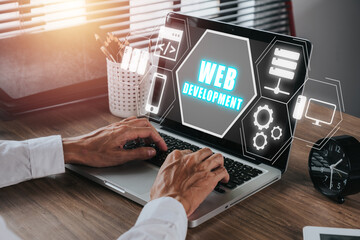 Wall Mural - web development coding programming internet technology business concept, young man hand typing keybo