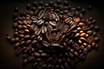 Poster - heap of roasted coffee beans on a wooden table. Generative AI