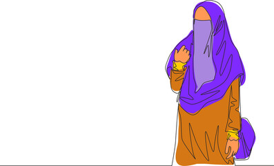 Wall Mural - One continuous line drawing of young attractive Asian muslimah wearing burqa while carrying pocet bag. Traditional beauty Islamic woman niqab dress concept single line draw design vector illustration