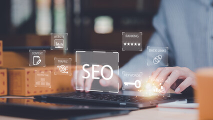 marketer showing seo concept ,optimization analysis tools , search engine rankings , social media si