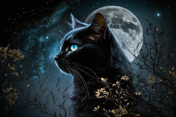 Black cat with full moon and surreal cosmic sky background illustration. Generative AI