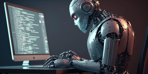 Wall Mural - artificial intelligence robot using computer software for gpt binary coding. distinct generative ai 
