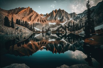 Poster - serene mountain landscape with a reflective lake in the foreground. Generative AI