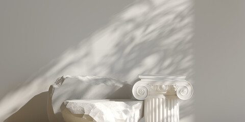 Wall Mural - cosmetic background. stone podium and roman pillar with nature light white background for product pr