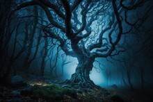 Spooky Tree In A Dense Forest At Night. Generative AI