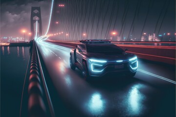 Wall Mural - Cyber neon driving green power sport car with hybrid technology automotive. Concept of light glowing on dark city view in night life. Finest generative AI.