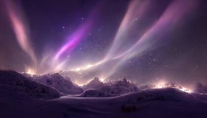 abstract of aurora in fantastic forest with magical purple light. concept of polar scape with mounta