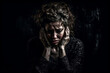 Depressed woman sitting in dark room with hands on her face on black background, Sad despair lady portrait, generative ai