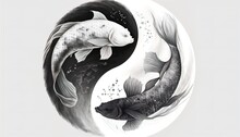 Illustration Of Two Koi Fish, Fresh Black And Red In Color, Very Beautiful Long Tail, Generate AI