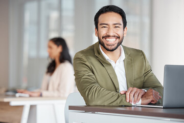Aufkleber - Portrait of happy business man, laptop and planning at office desk, digital project and trading. Male employee, smile and computer for data update, website strategy and research innovation online