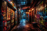 Fototapeta Londyn - Cyberpunk street in the city with graffiti