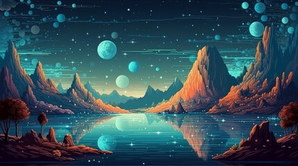 Wall Mural - micropixel art scene of an alien planet