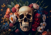 Vintage Victorian Skull With Flowers As Background Wallpaper. Generative AI