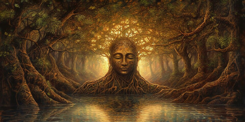 an image of nature, such as a calm river or a lush forest in inviting colors. Including an ancient tree with a wise human face subtly merged with the bark, symbolizing the wisdom of the Bhagavad Gita