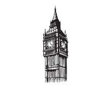 Big Ben Tower Of London, Hand Drawn Illustrations, Vector.