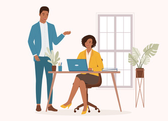 Smiling Black Man Manager Talking With His Employee At The Office. Full Length. Flat Design Style, Character, Cartoon.