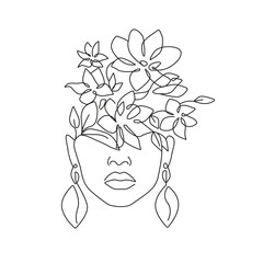 Wall Mural - Woman Face One Line Drawing with Flowers. Continuous Linear Floral Art in Minimalist Elegant Style for Wall Décor, Prints, Tattoos, Posters, Postcards, etc. Beautiful Woman Face Abstract Vector Art.