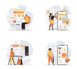 Leinwandbilder - App development concept with character set. Collection of scenes people programming mobile software, interface layouts for application, making digital projects. Vector illustrations in flat web design