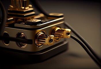 Golden guitar audio jack with black cable isolated on transparent background. Musical concept. 3D render. Generative AI