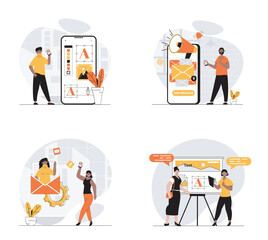 Wall Mural - Designer studio concept with character set. Collection of scenes people do creative projects, using marketing tools, create applications and promote products. Vector illustrations in flat web design