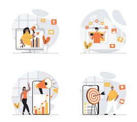 Leinwandbilder - Digital marketing concept with character set. Collection of scenes people create viral and creative advertising, promote business, target audience online. Vector illustrations in flat web design