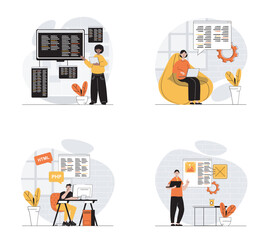 Leinwandbilder - Programming concept with character set. Collection of scenes people working with code, testing and optimization programs, creating new products in IT company. Vector illustrations in flat web design