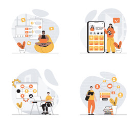 Poster - Social network concept with character set. Collection of scenes people making blogging and online communication, connecting with friends, share links and posts. Vector illustrations in flat web design