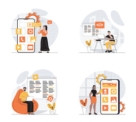 Leinwandbilder - UI UX development concept with character set. Collection of scenes people creating user interface layouts, working with programming code and making mobile app. Vector illustrations in flat web design