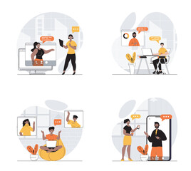 Aufkleber - Video conference concept with character set. Collection of scenes people talking via video call, discussing work tasks, colleague connecting online by apps. Vector illustrations in flat web design