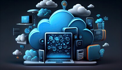 Wall Mural - Cloud technology computing Devices connected to digital storage in the data center via the Internet IOT Smart Home Communication laptop tablet phone home devices with an online