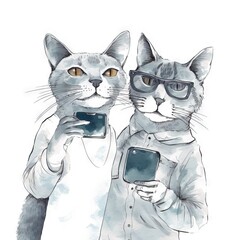  two cats wearing glasses are looking at their cell phones while one holds a smart phone in his hand and the other holds a smart phone in his other hand.  generative ai