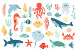 Fototapeta Pokój dzieciecy - Set with cute sea life elements. Cartoon vector illustration.