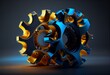 The concept of two interlocking metal gears on a dark technological background. Abstract mechanical design illustration. Yellow and blue cogwheel. 3d render. Generative AI