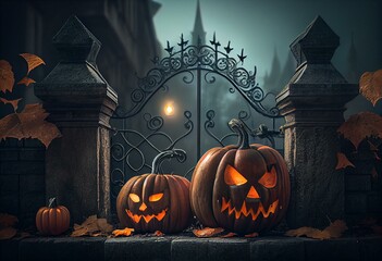 Halloween pumpkins next to a gate of a spooky castle. Generative AI