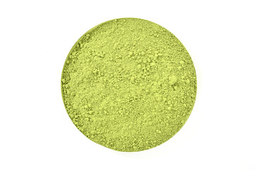 powdered matcha green tea, isolated on white. copy space. top view. heap of matcha green tea powder 
