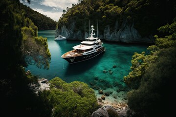 Wall Mural - luxury yacht anchored in secluded cove, surrounded by lush greenery, created with generative ai