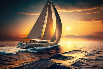 Wall Mural - luxury yacht sailing the sea, with beautiful sunset in the background, created with generative ai