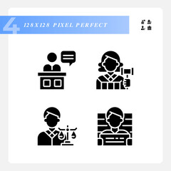 Poster - Trial process participants pixel perfect black glyph icons set on white space. Law punishment for criminal. Justice regulation. Silhouette symbols. Solid pictogram pack. Vector isolated illustration