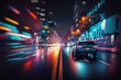 neon night city crossing with speeding cars, blurry and abstract background, created with generative ai