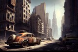 Fototapeta  - postapocalyptic cityscape, with towering skyscrapers and rusty cars in the streets, created with generative ai